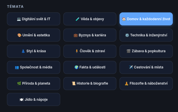 Kategorie dostupné při vytváření Příspěvku