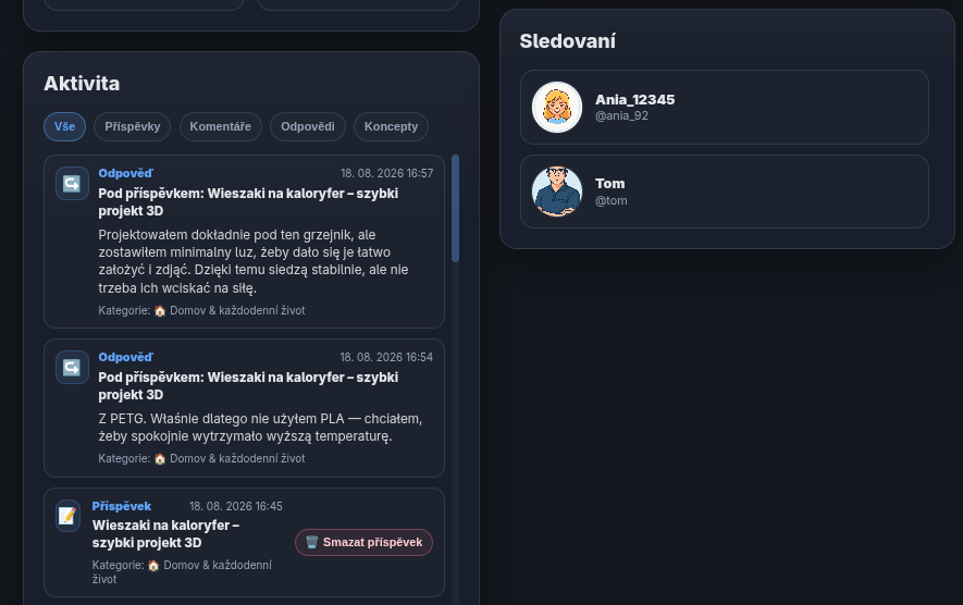 Aktivita a sledovaní uživatelé na Profilu