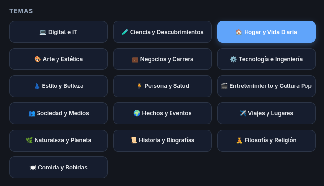 Categorías disponibles al crear una Publicación