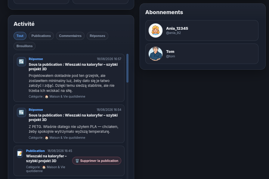 Activité et utilisateurs suivis sur un Profil